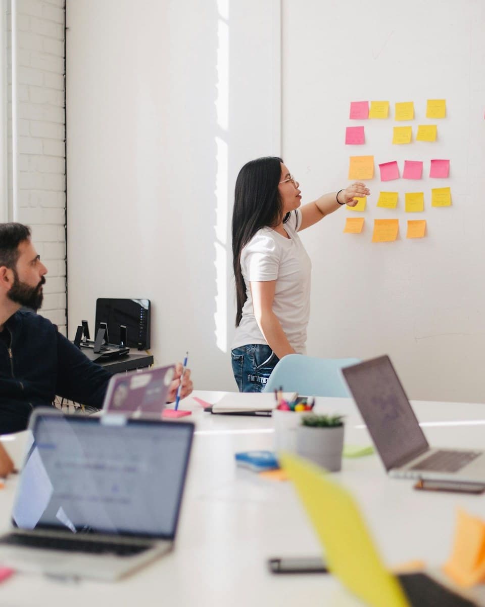 A leadership planning session with a team reviewing work on a wall